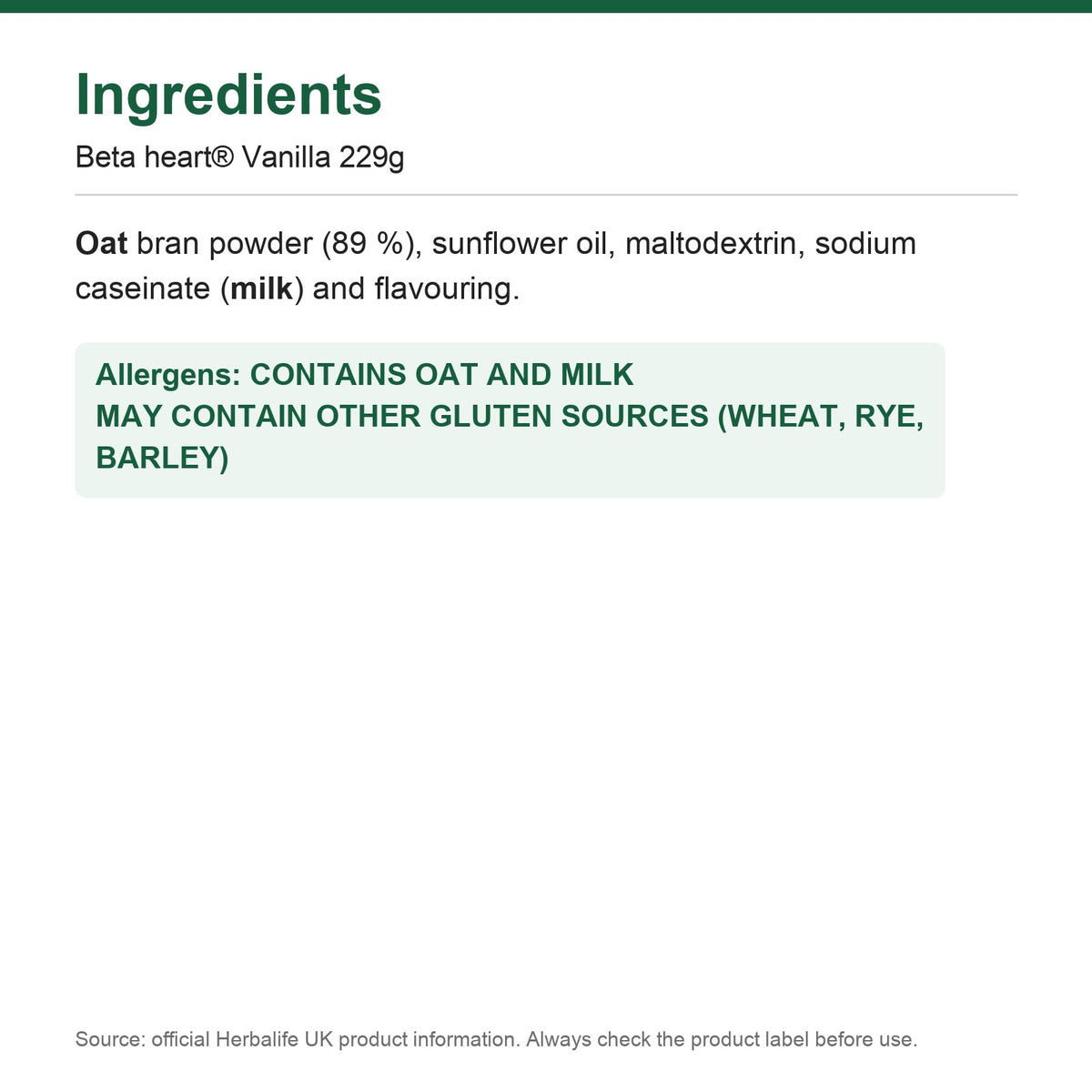 Ingredients - Beta heart® Vanilla 229g