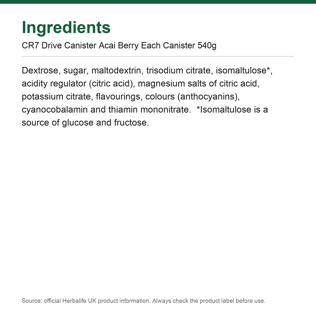 Ingredients - CR7 Drive Canister Acai Berry Each Canister 540g
