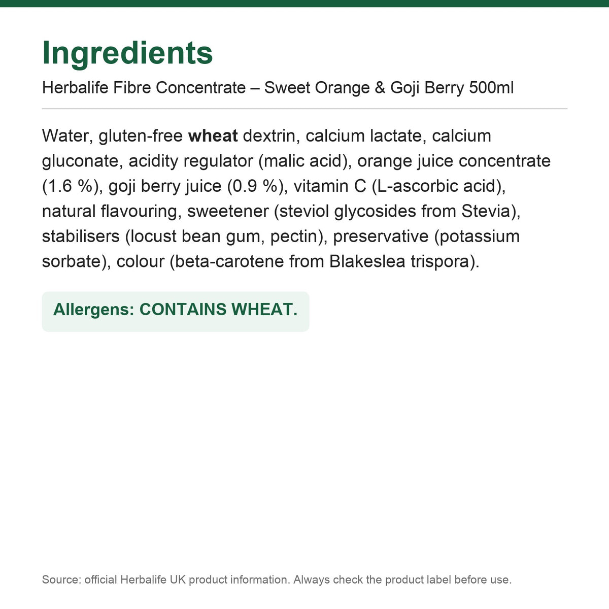 Ingredients - Herbalife Fibre Concentrate – Sweet Orange & Goji Berry 500ml