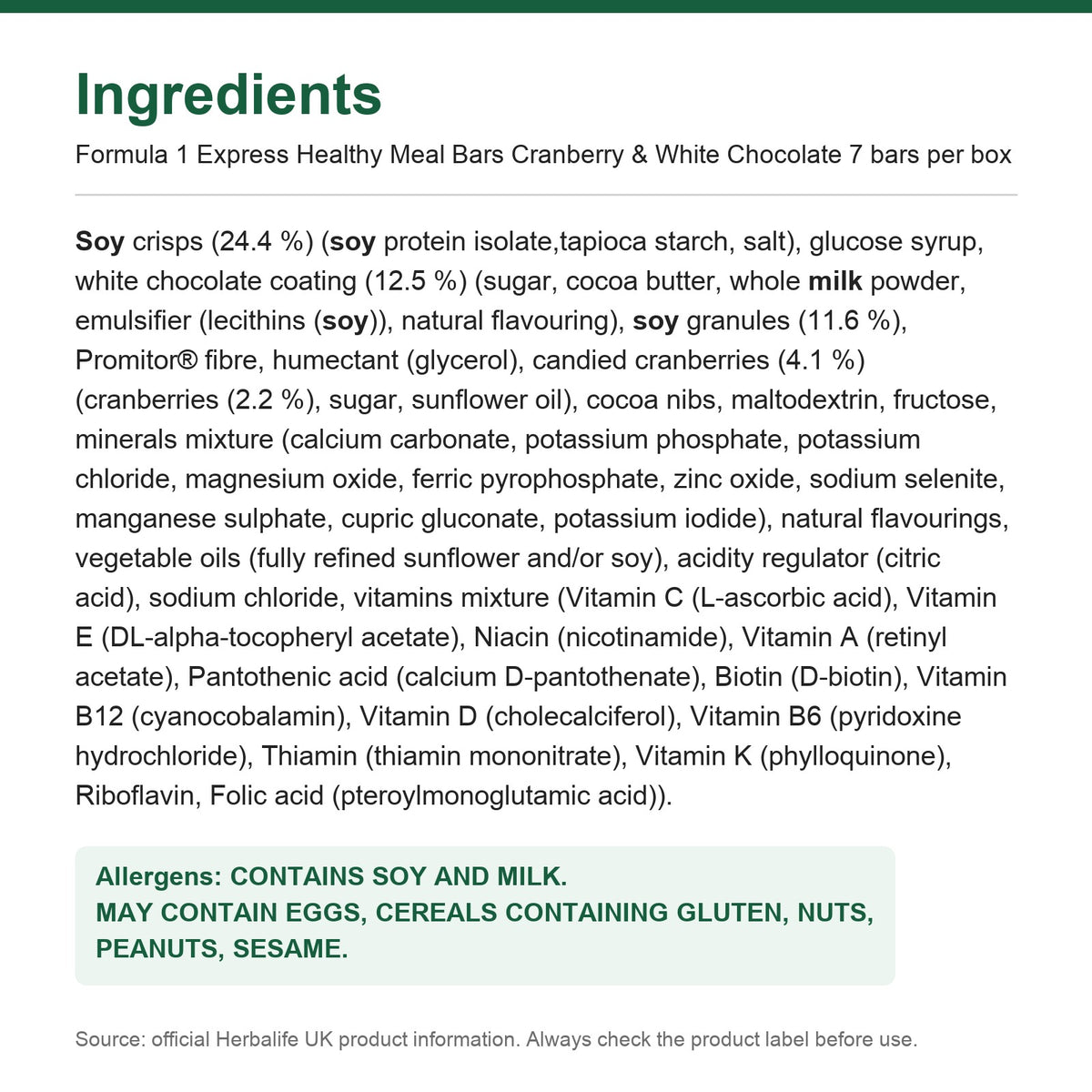 Ingredients - Formula 1 Express Healthy Meal Bars Cranberry & White Chocolate 7 bars per box