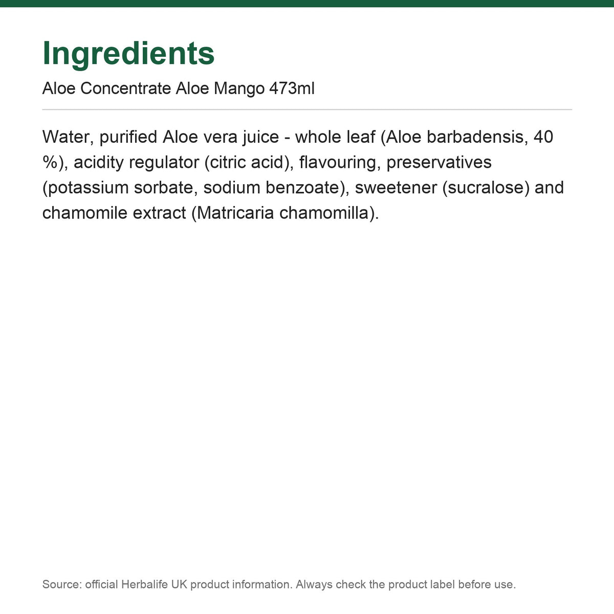 Ingredients - Aloe Concentrate Aloe Mango 473ml
