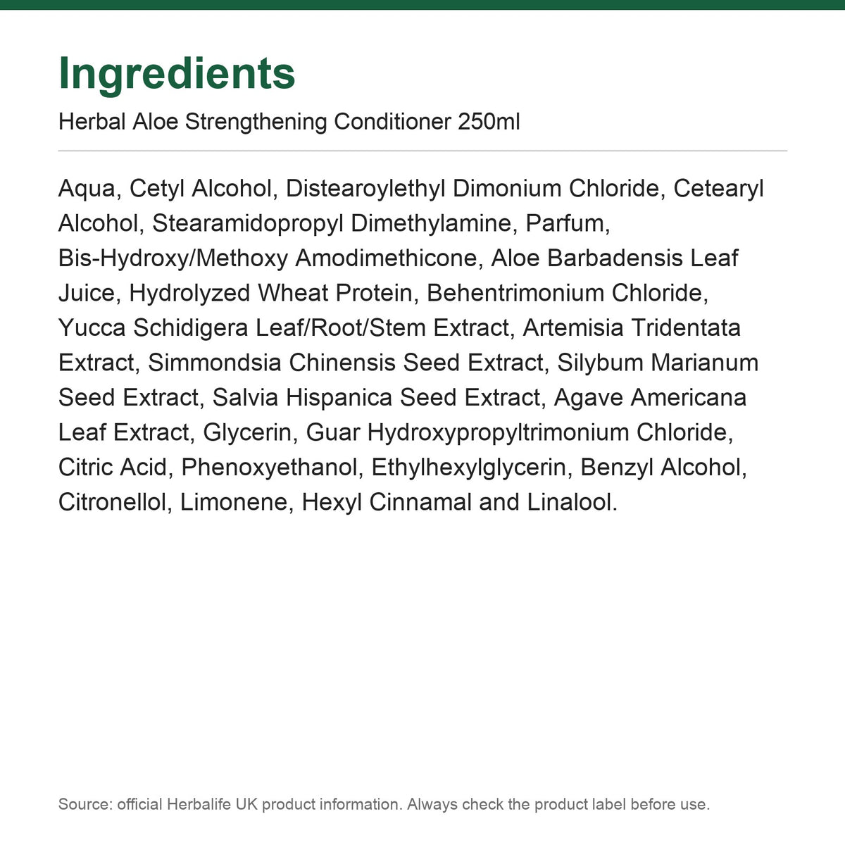 Ingredients - Herbal Aloe Strengthening Conditioner 250ml