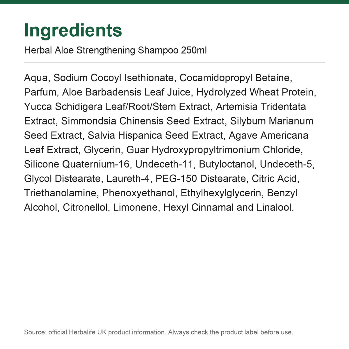 Ingredients - Herbal Aloe Strengthening Shampoo 250ml