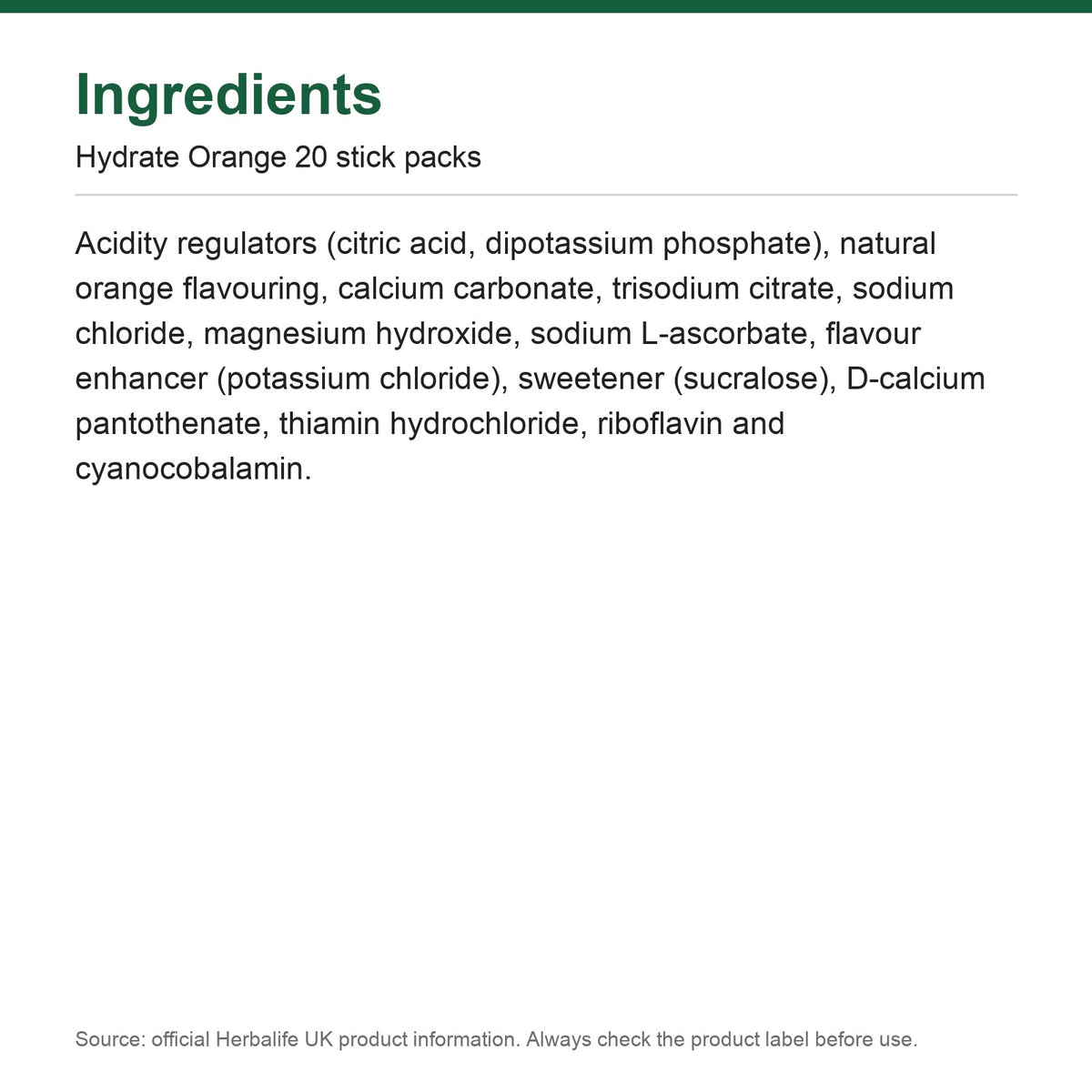 Ingredients - Hydrate Orange 20 stick packs