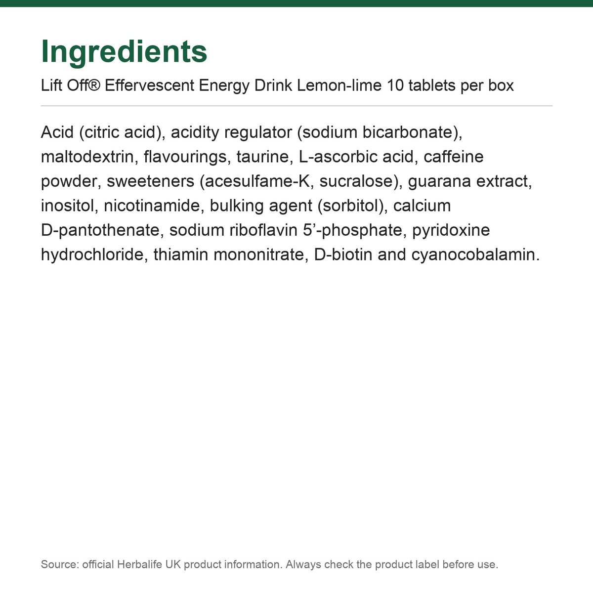 Ingredients - Lift Off® Effervescent Energy Drink Lemon-lime 10 tablets per box