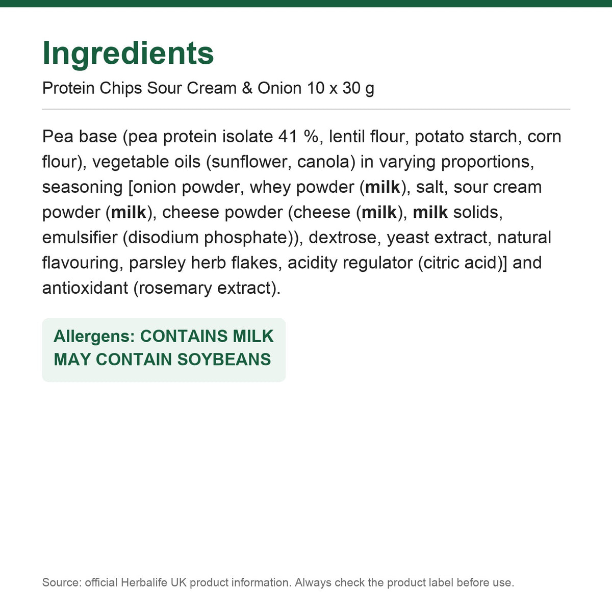 Ingredients - Protein Chips Sour Cream & Onion 10 x 30 g