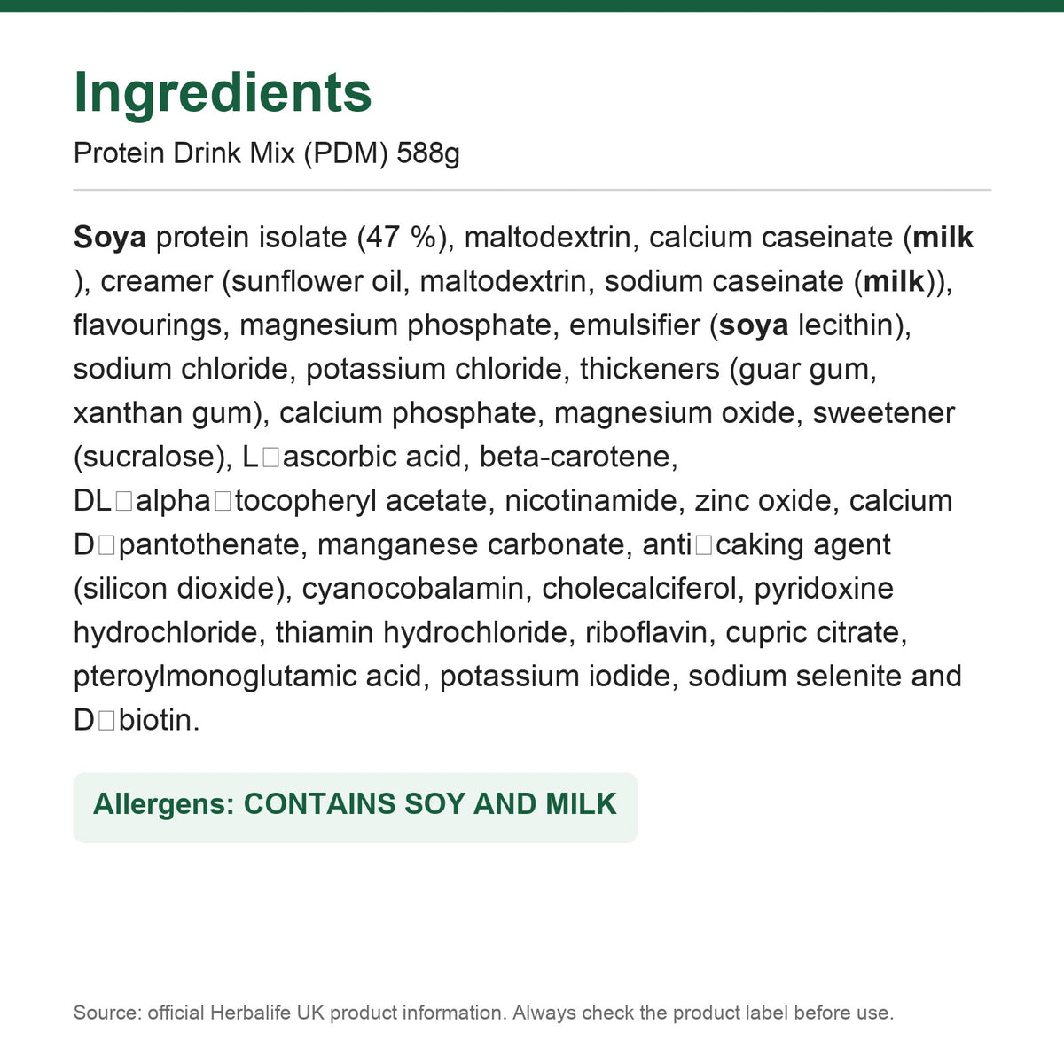 Ingredients - Protein Drink Mix (PDM) 588g