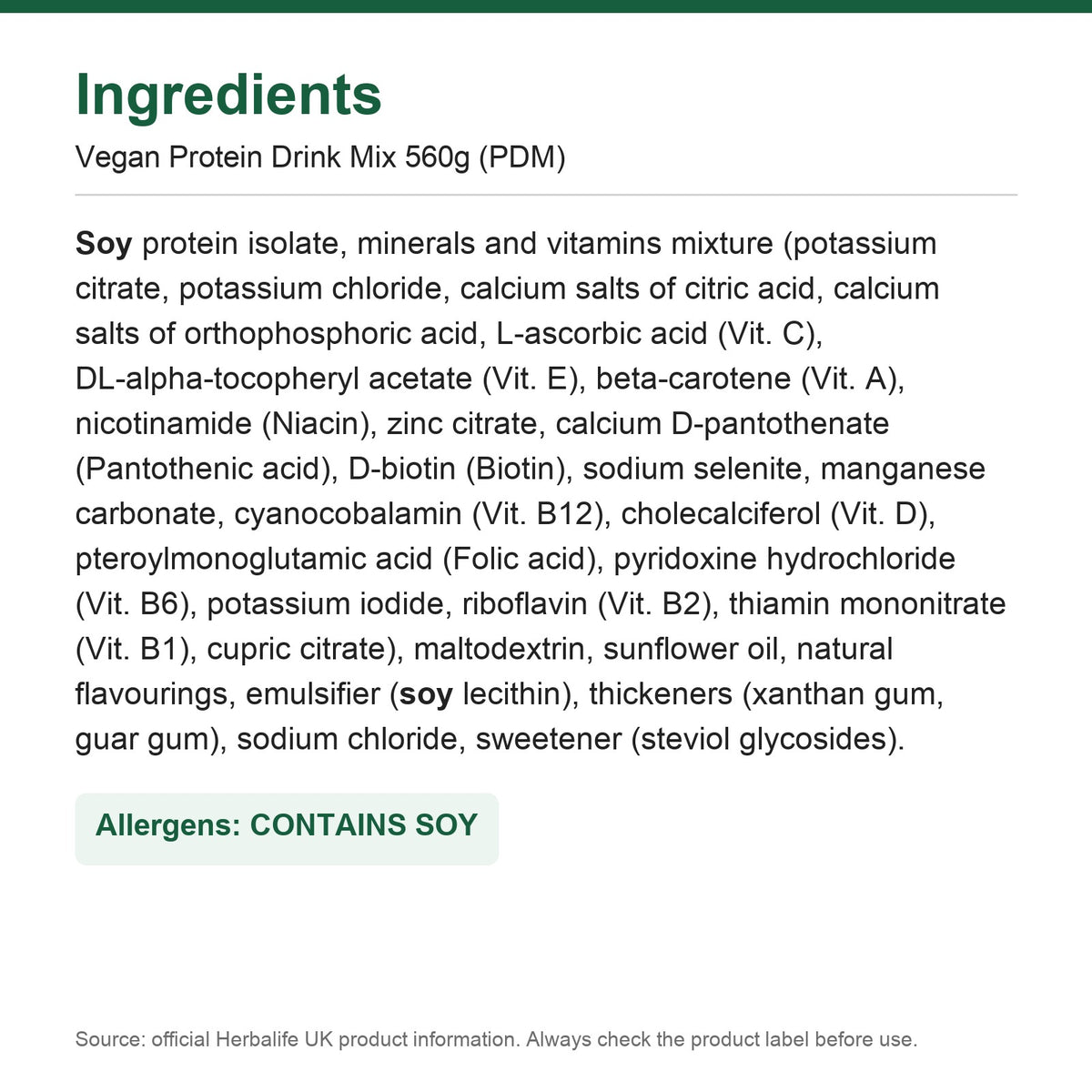 Ingredients - Vegan Protein Drink Mix 560g (PDM)