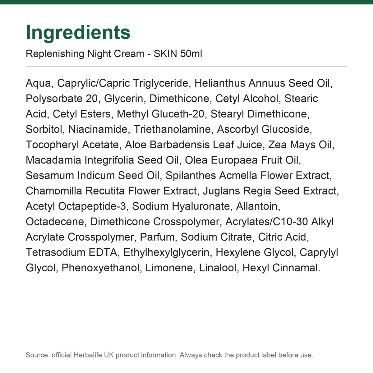 Ingredients - Replenishing Night Cream - SKIN 50ml