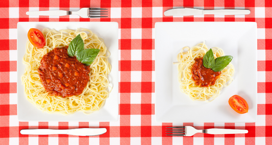 Four Invaluable Tips for Better Portion Control guide with purple comparison cards, useful tables, FAQ dropdowns and Lose Weight Feel Great shop links.