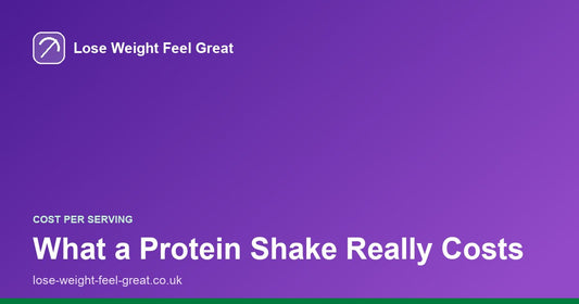 Lose Weight Feel Great share card, white text reading What a Protein Shake Really Costs on a purple gradient