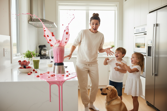 Busy mum with strawberry shake alternative to discontinued Summer Berries Herbalife - best fruity meal replacement UK