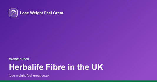 Lose Weight Feel Great share card, white text reading Herbalife Fibre in the UK on a purple gradient