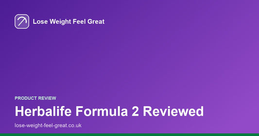 Lose Weight Feel Great share card, white text reading Herbalife Formula 2 Reviewed on a purple gradient