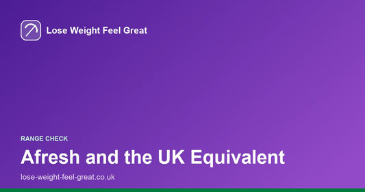 Lose Weight Feel Great share card, white text reading Afresh and the UK Equivalent on a purple gradient