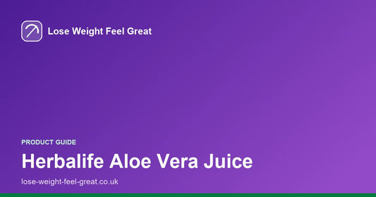Lose Weight Feel Great share card, white text reading Herbalife Aloe Vera Juice on a purple gradient
