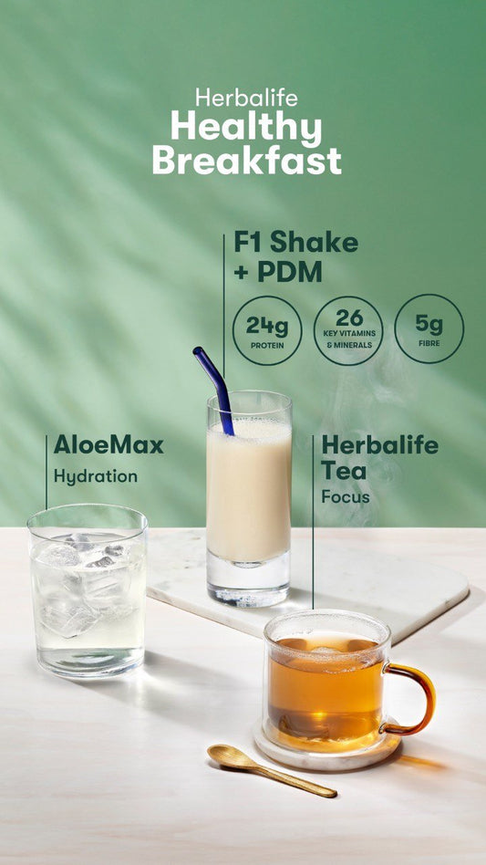 Herbalife breakfast scene with AloeMax, tea and Formula 1