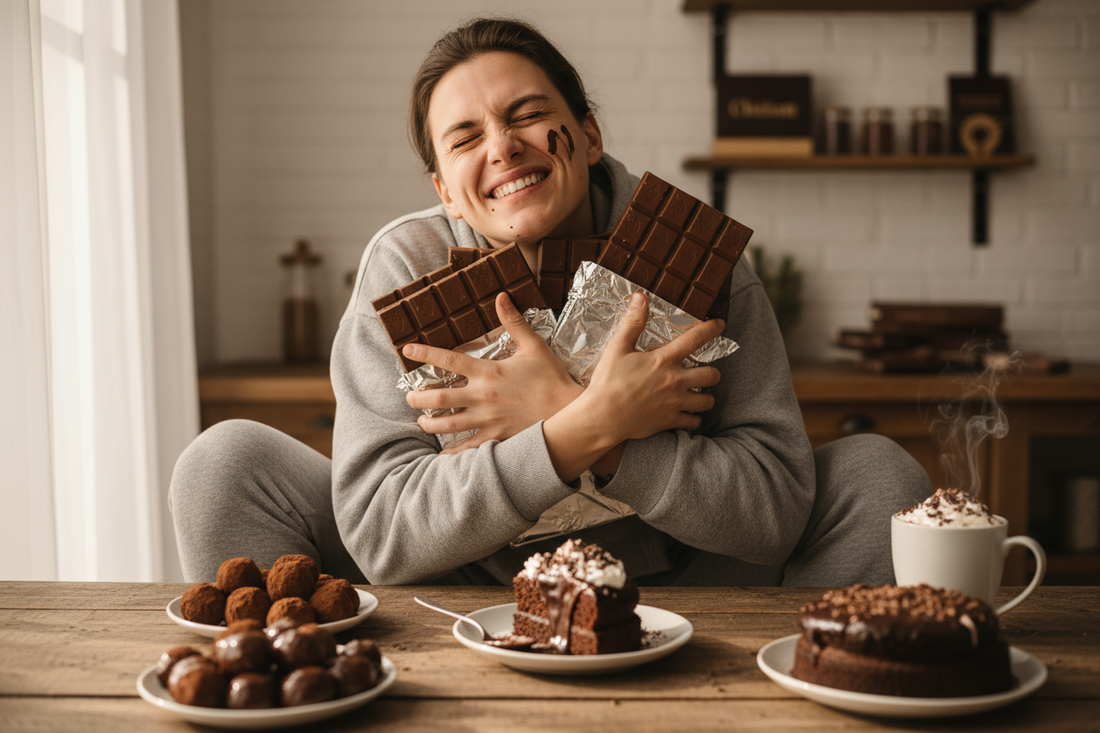 Chocoholic busy mum enjoying Smooth Chocolate Herbalife shake - guilt-free chocolate craving solution for weight loss UK