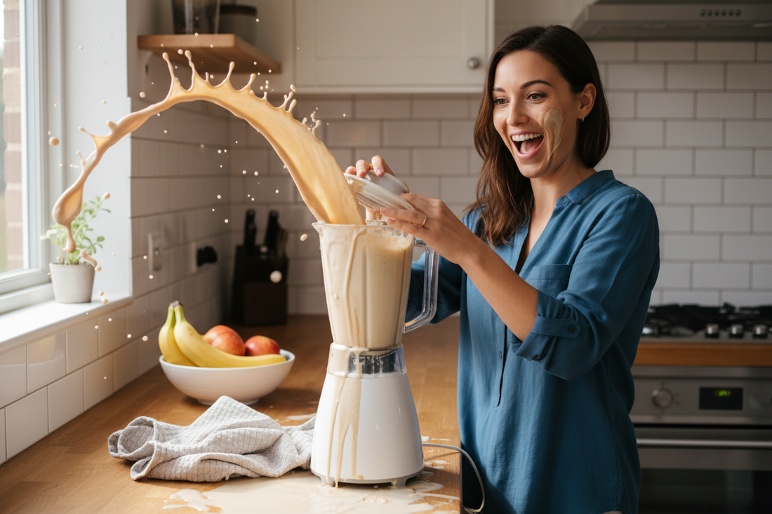 Busy mum with Café Latte Herbalife shake - coffee-style meal replacement for weight loss and morning routine UK