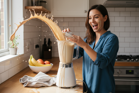 Busy mum with Café Latte Herbalife shake - coffee-style meal replacement for weight loss and morning routine UK