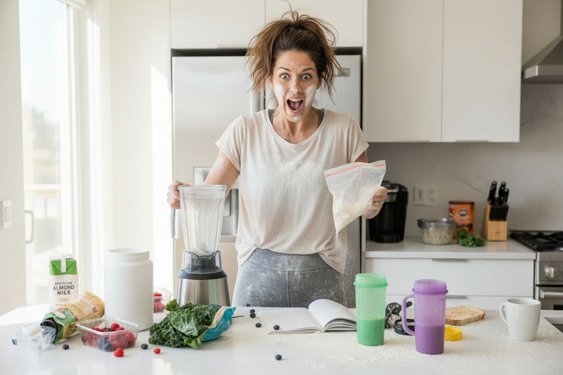 Busy mum making Herbalife Advanced Breakfast Kit shake during hectic morning - complete breakfast system for weight loss UK