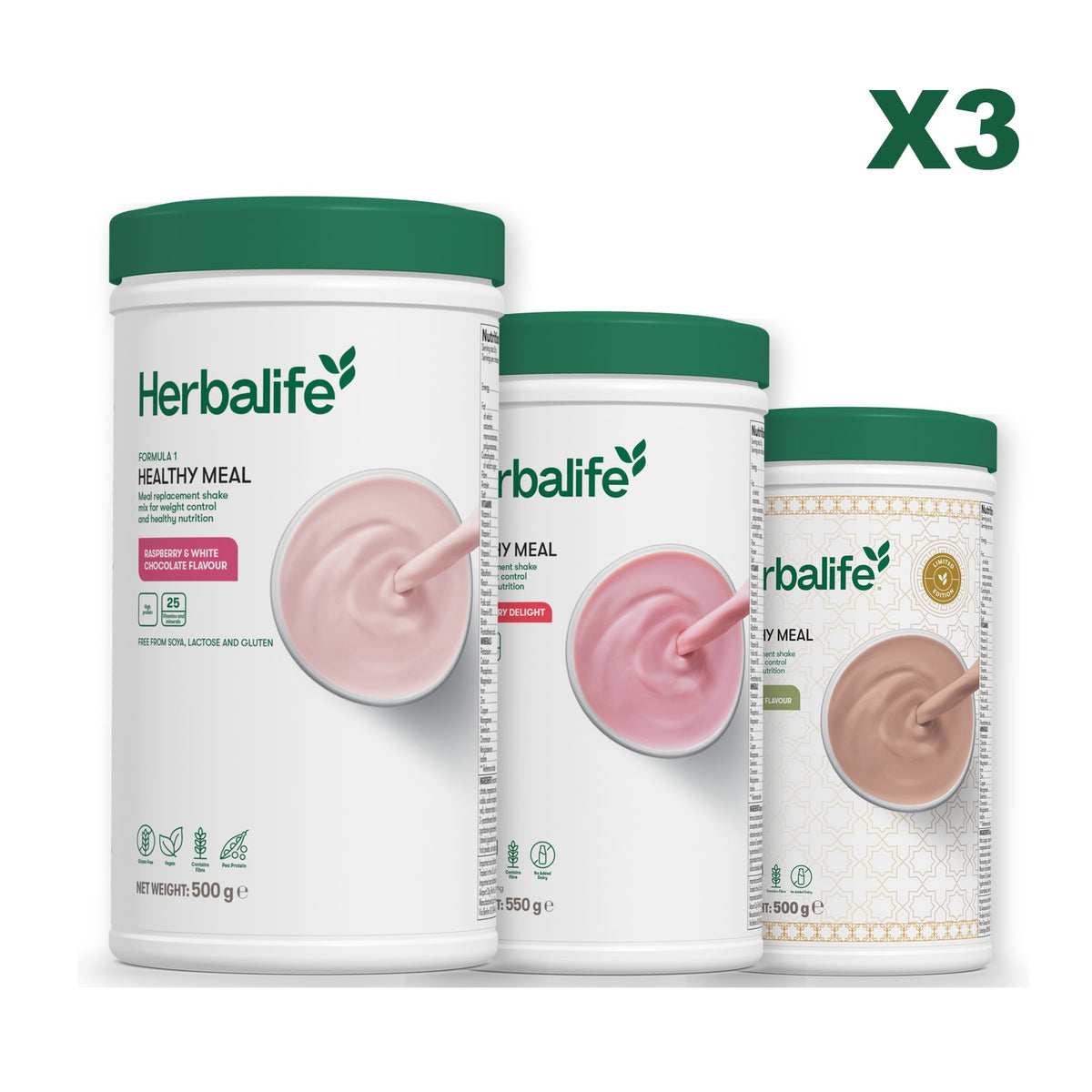 Formula 1 Free From Raspberry and White Chocolate plus 2 flavours of your choice - Strawberry / Dubai Style Chocolate