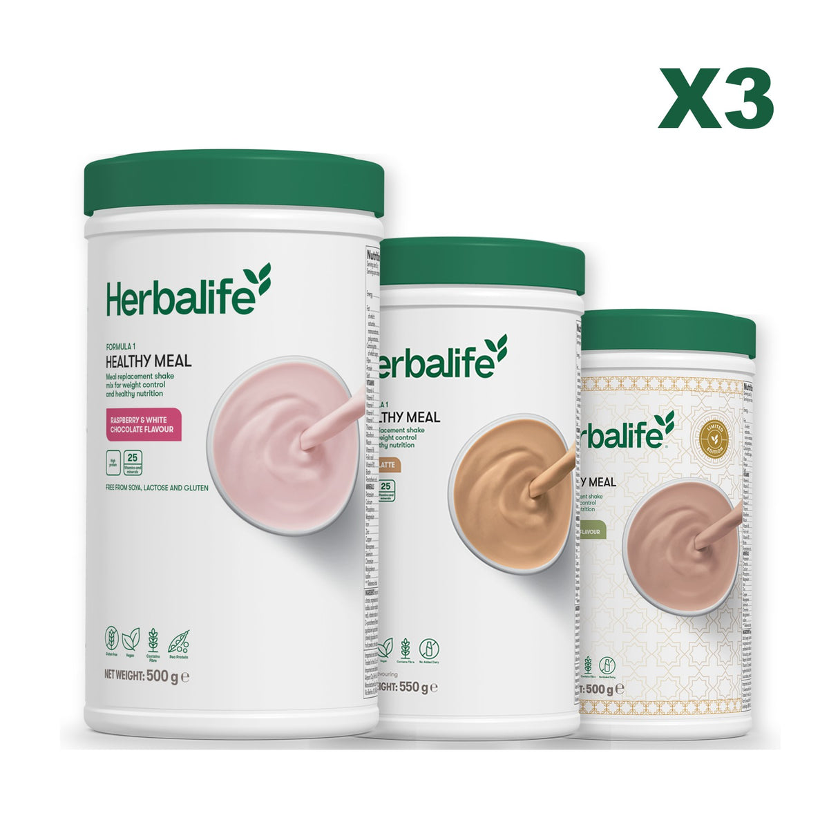 Formula 1 Free From Raspberry and White Chocolate plus 2 flavours of your choice - Cafe Latte / Dubai Style Chocolate