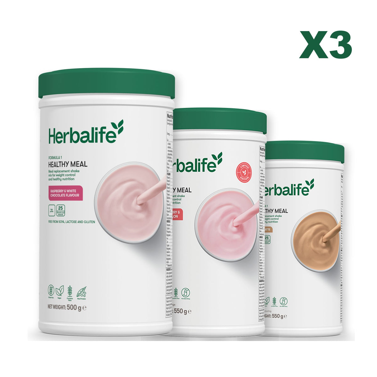Formula 1 Free From Raspberry and White Chocolate plus 2 flavours of your choice - Strawberry Watermelon / Cafe Latte
