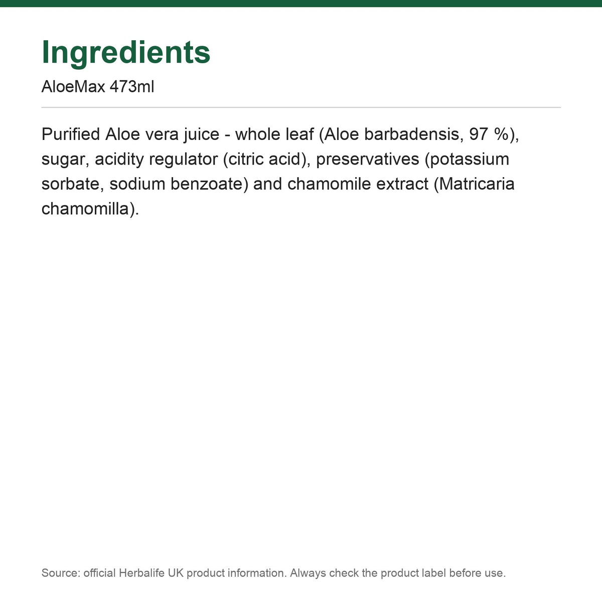 Ingredients - AloeMax 473ml