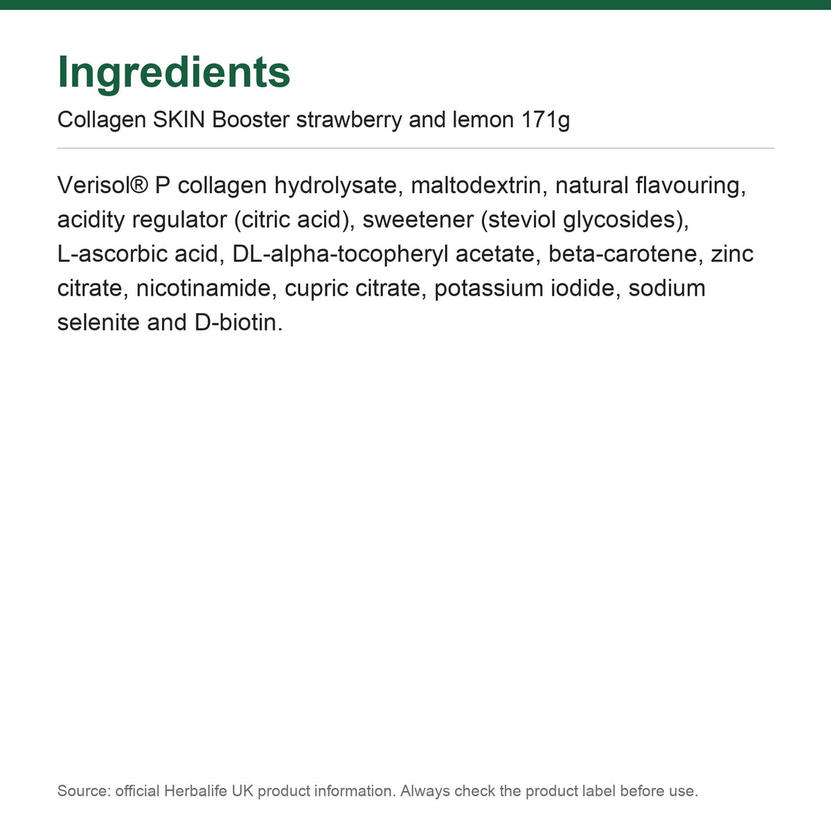 Ingredients - Collagen SKIN Booster strawberry and lemon 171g