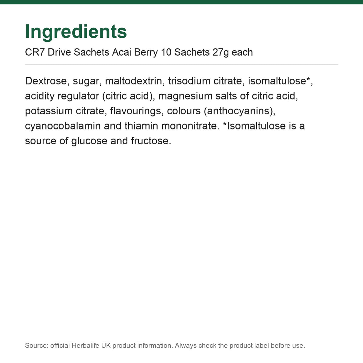 Ingredients - CR7 Drive Sachets Acai Berry 10 Sachets 27g each