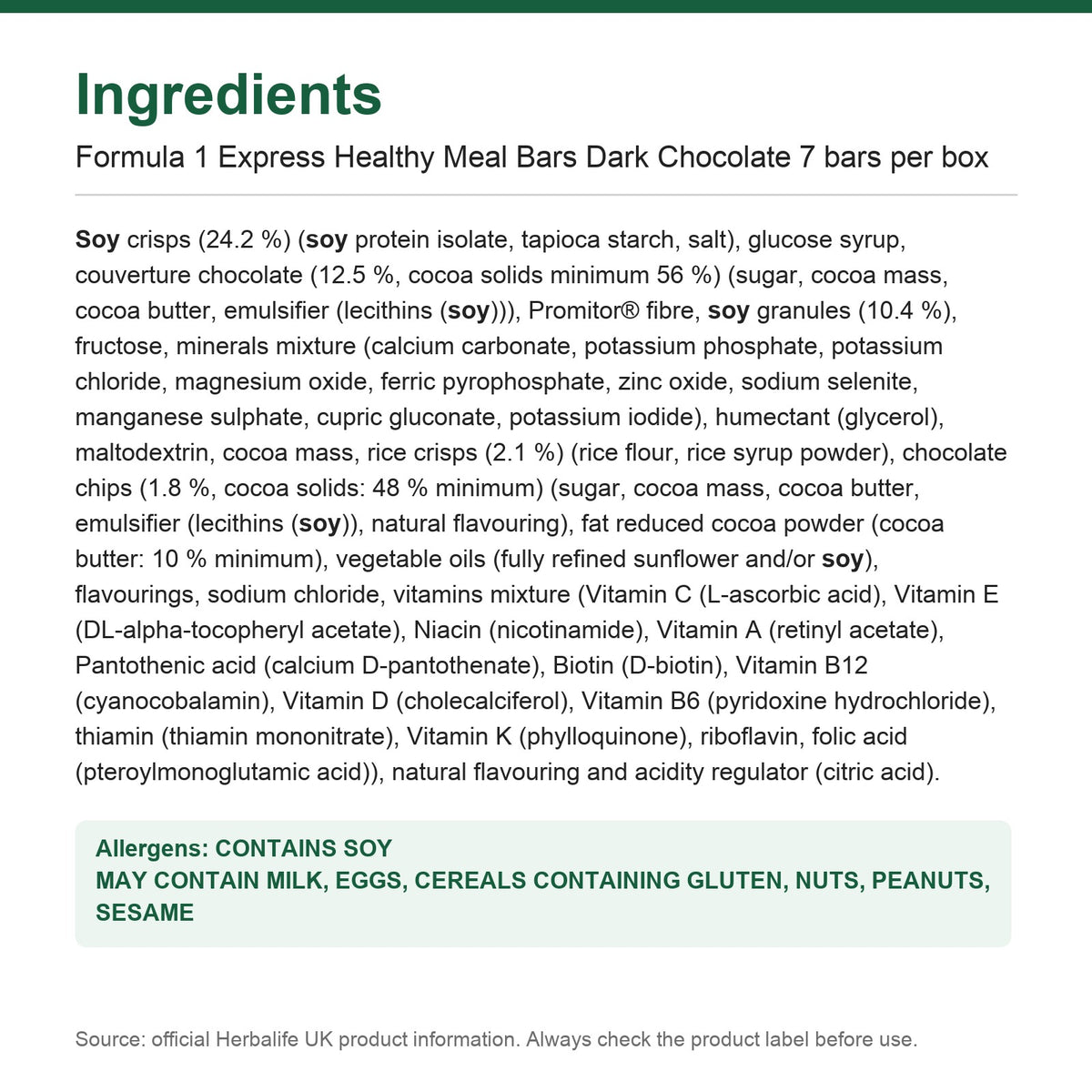 Ingredients - Formula 1 Express Healthy Meal Bars Dark Chocolate 7 bars per box