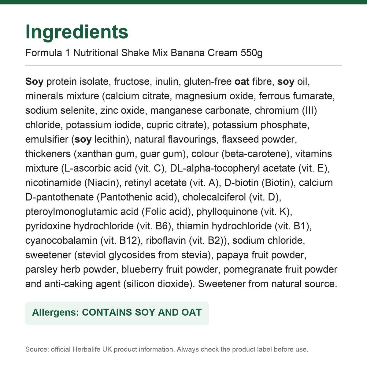 Ingredients - Formula 1 Banana Cream - Lose Weight Feel Great