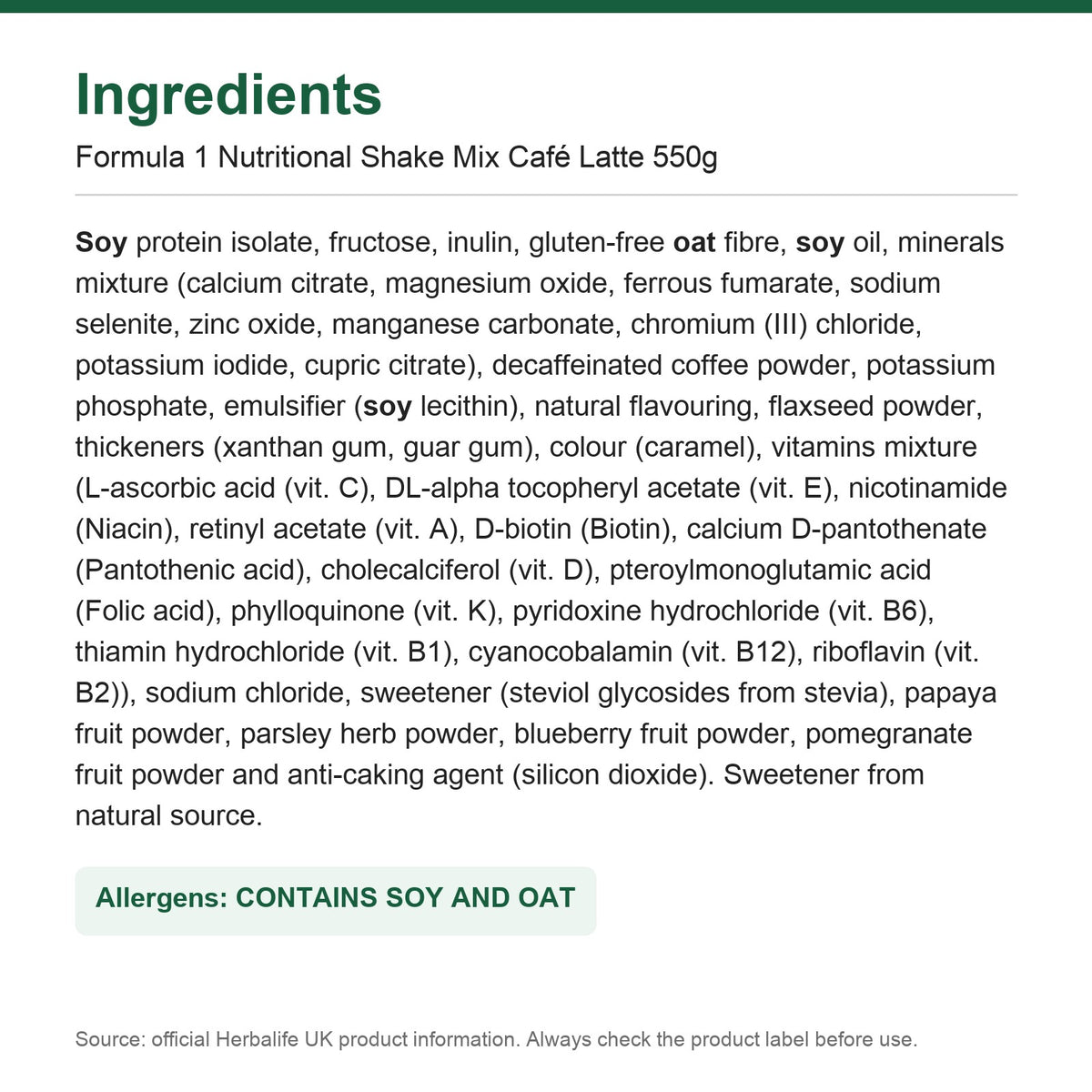 Ingredients - Formula 1 Cafe Latte - Lose Weight Feel Great
