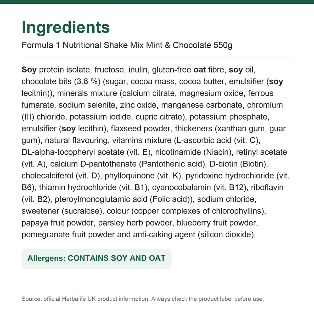 Ingredients - Formula 1 Mint & Chocolate - Lose Weight Feel Great