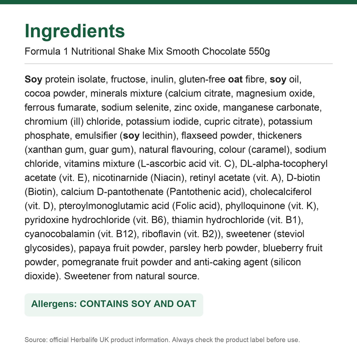 Ingredients - Formula 1 Smooth Chocolate - Lose Weight Feel Great