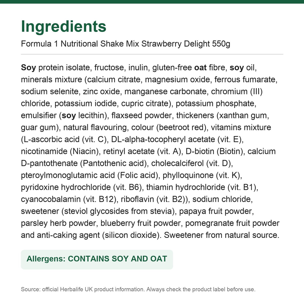 Ingredients - Formula 1 Strawberry Delight - Lose Weight Feel Great