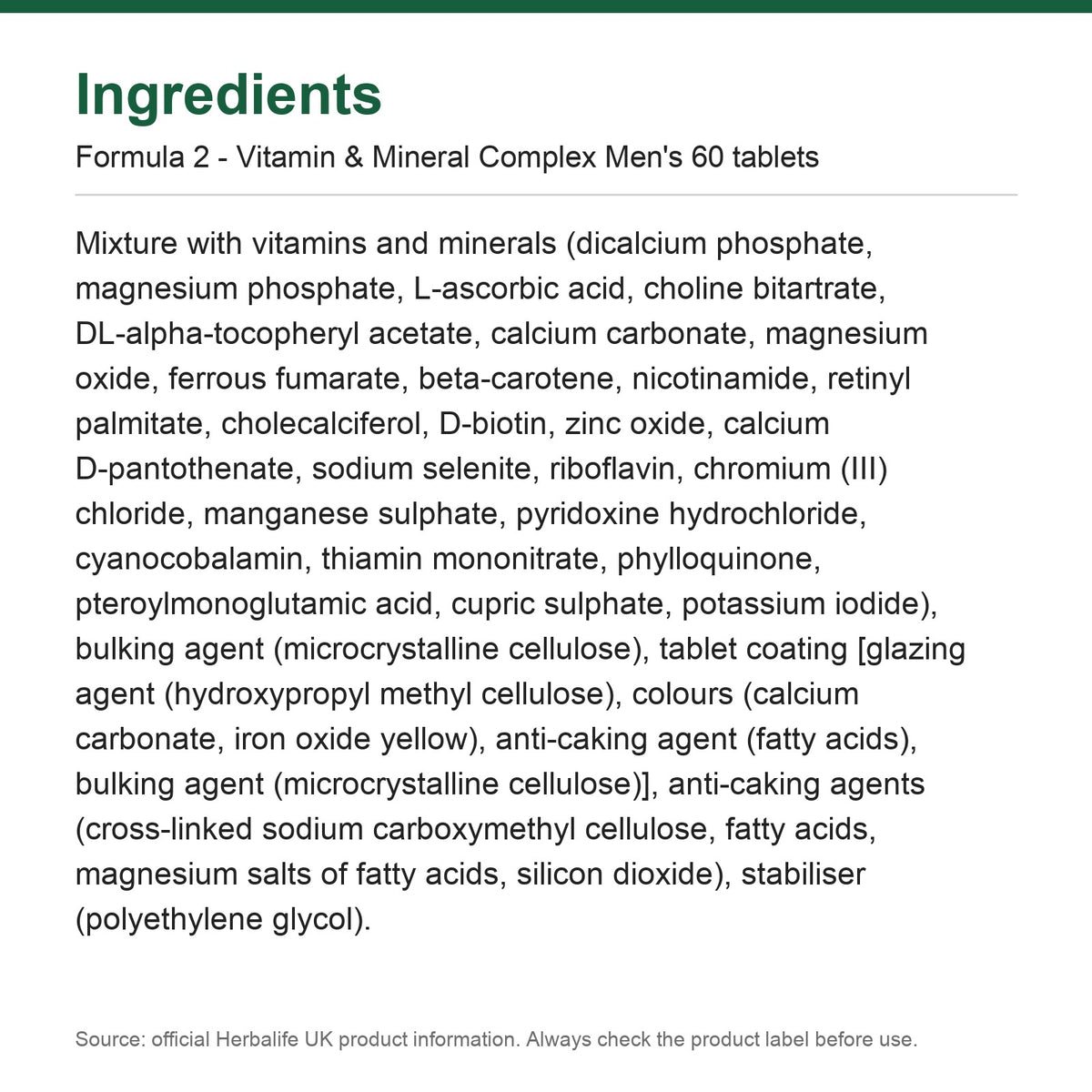 Ingredients - Formula 2 - Vitamin & Mineral Complex Men's 60 tablets