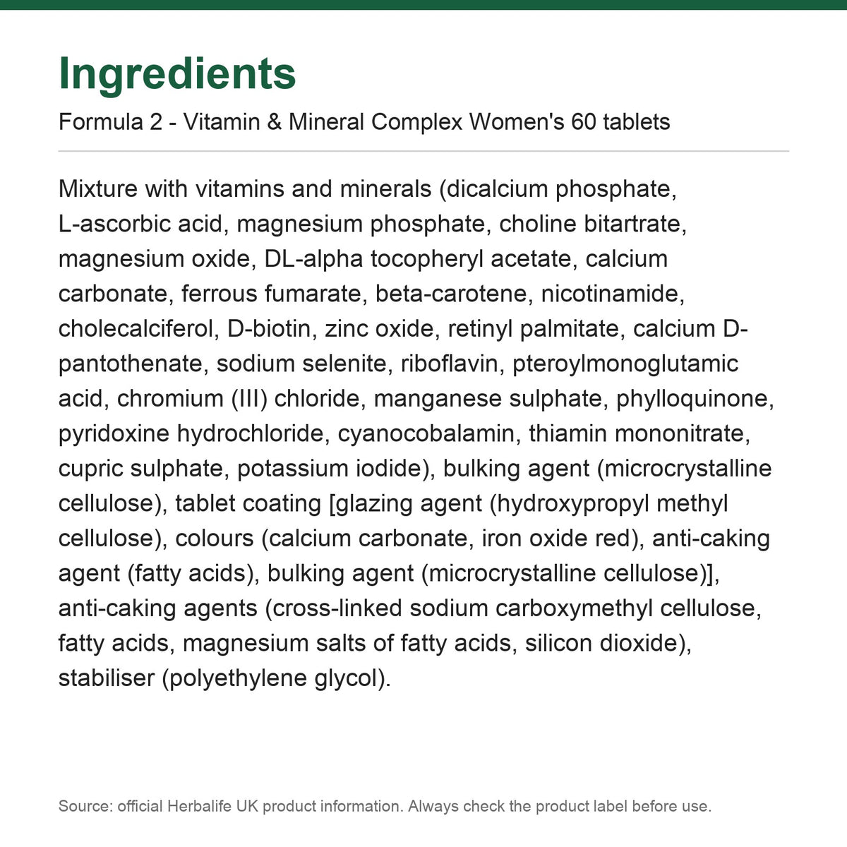 Ingredients - Formula 2 - Vitamin & Mineral Complex Women's 60 tablets