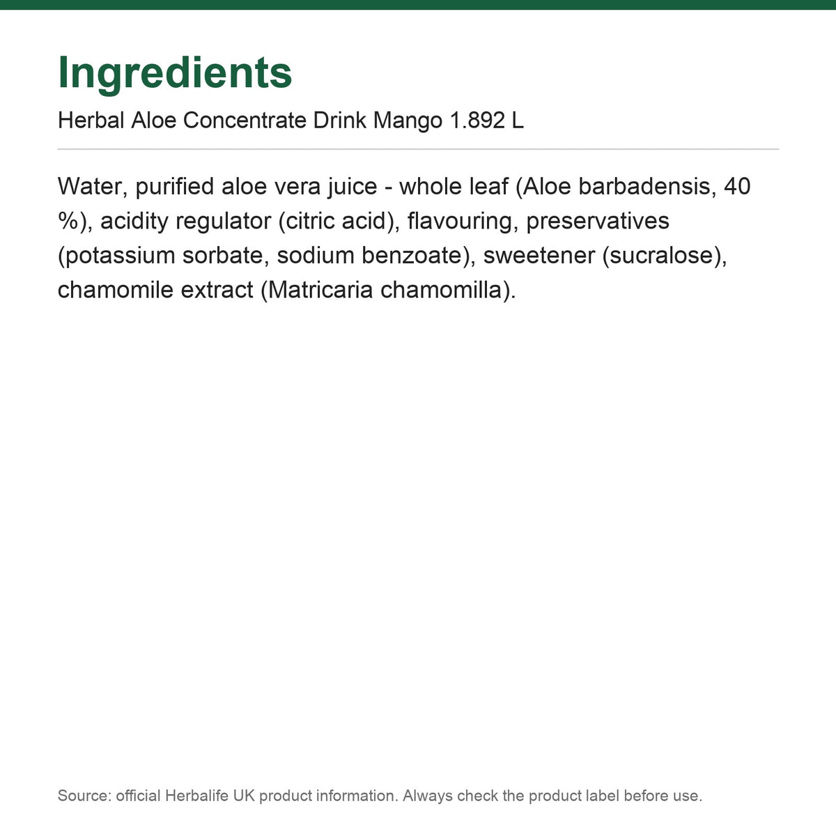 Ingredients - Herbal Aloe Concentrate Drink Mango 1.892 L