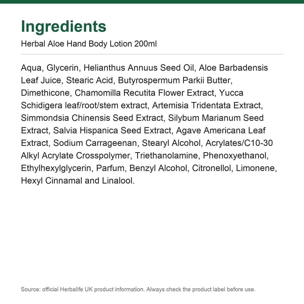Ingredients - Herbal Aloe Hand Body Lotion 200ml