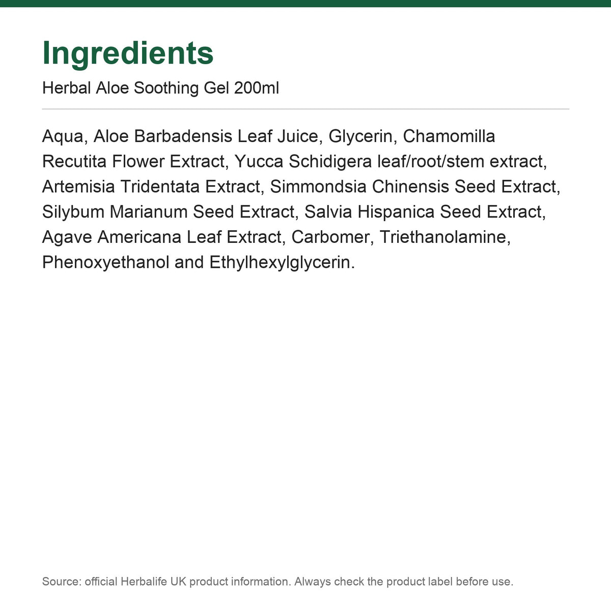 Ingredients - Herbal Aloe Soothing Gel 200ml