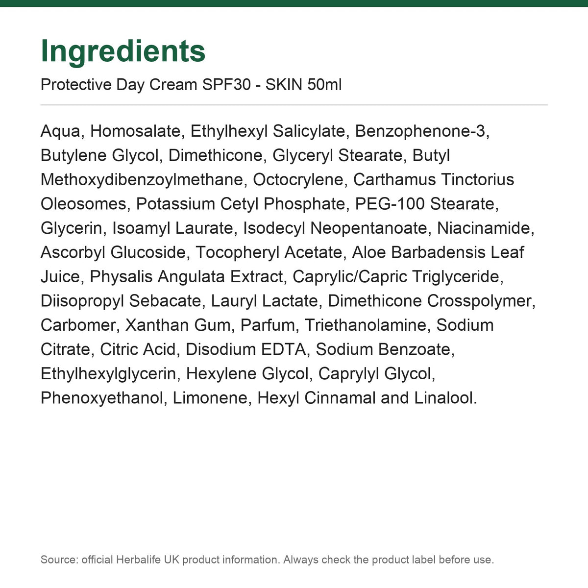 Ingredients - Protective Day Cream SPF30 - SKIN 50ml