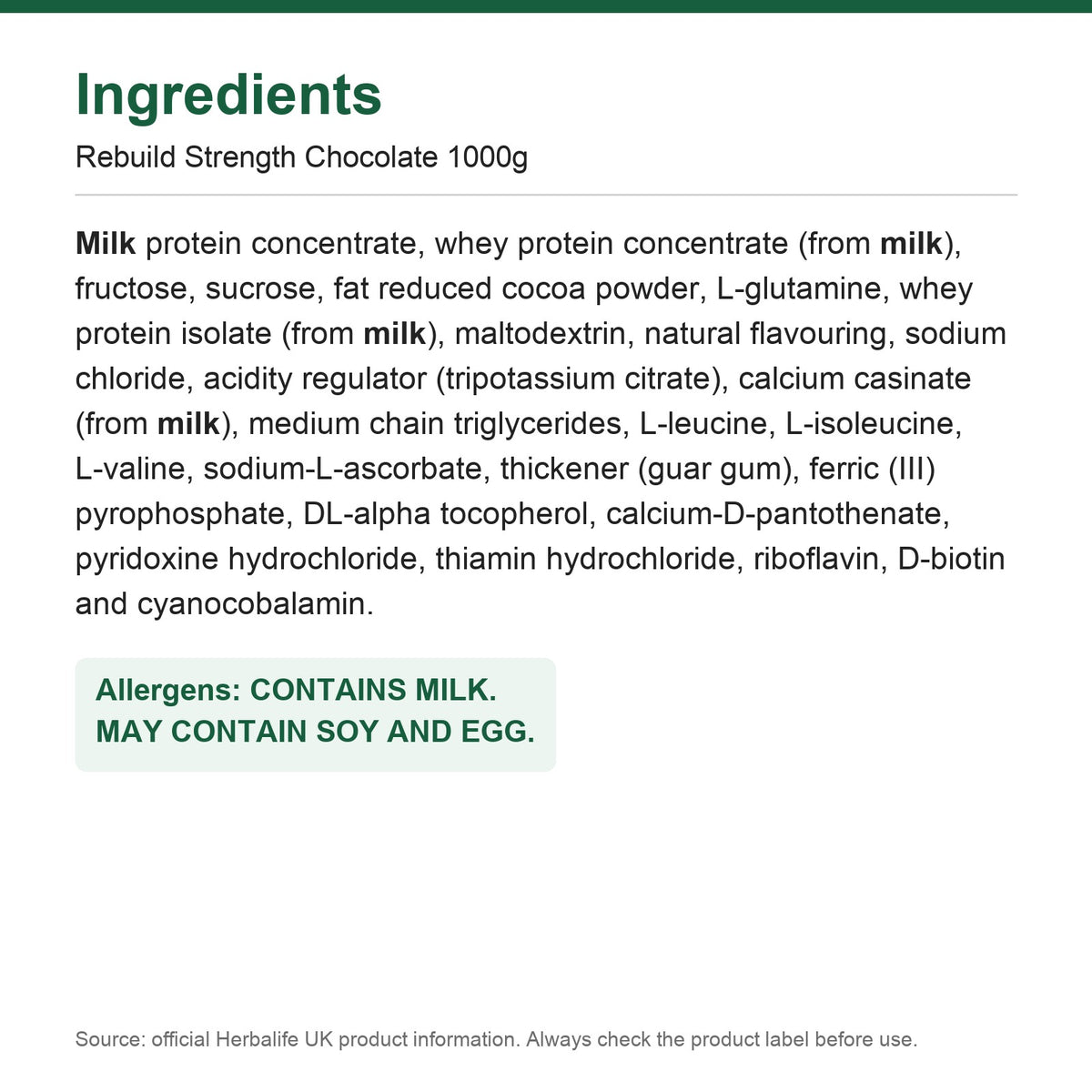 Ingredients - Rebuild Strength Chocolate 1000g