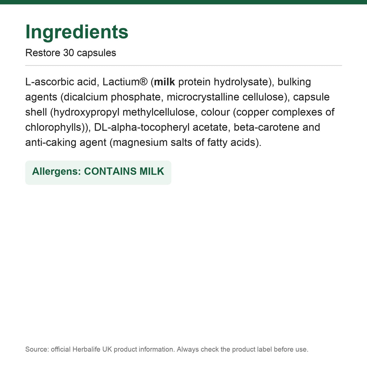 Ingredients - Restore 30 capsules