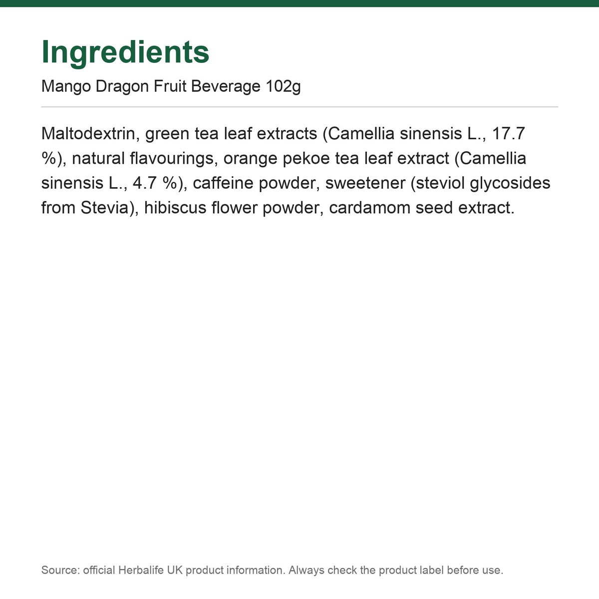Ingredients - Mango Dragon Fruit Beverage 102g