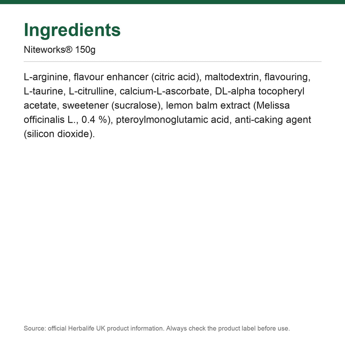 Ingredients - Niteworks® 150g