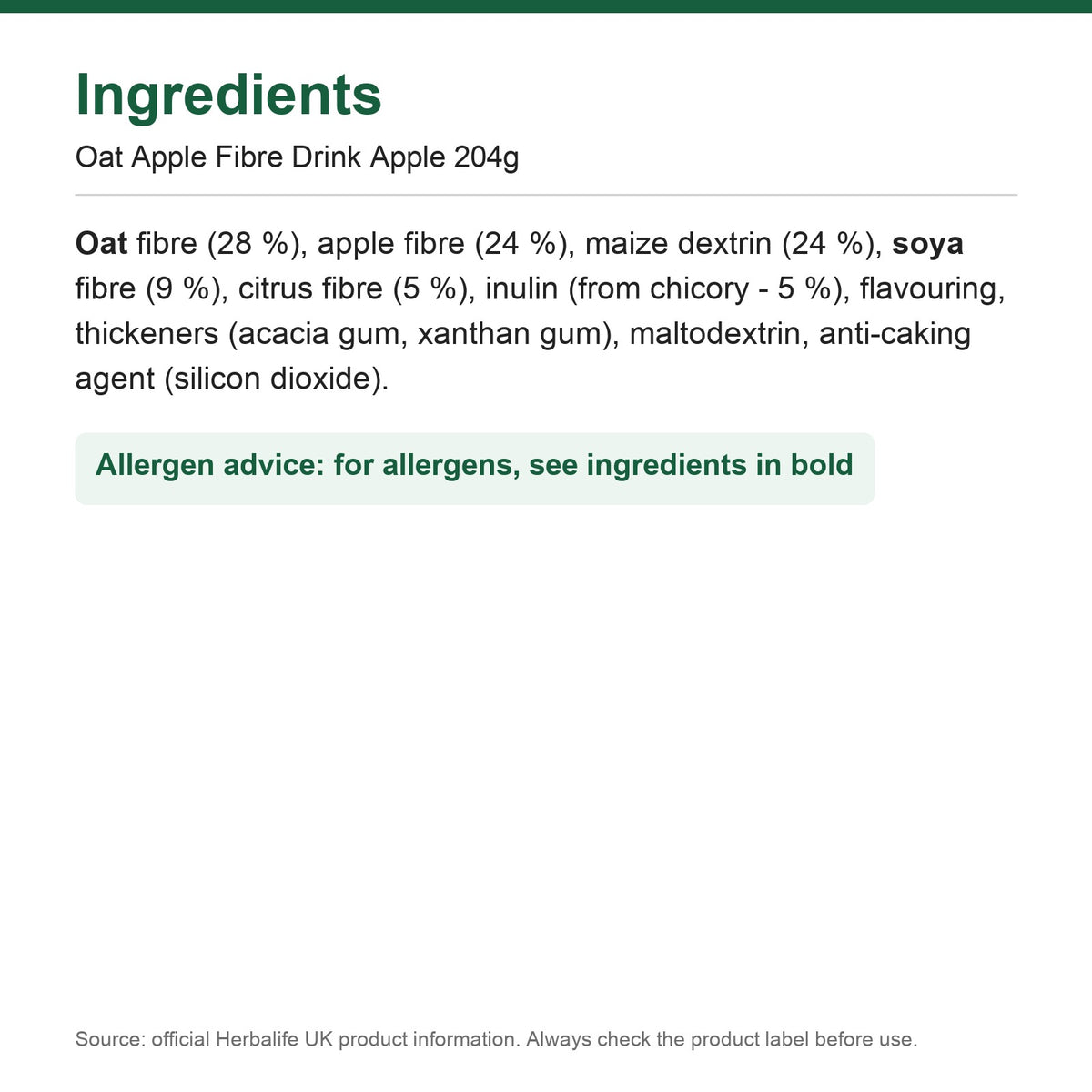 Ingredients - Oat Apple Fibre Drink Apple 204g
