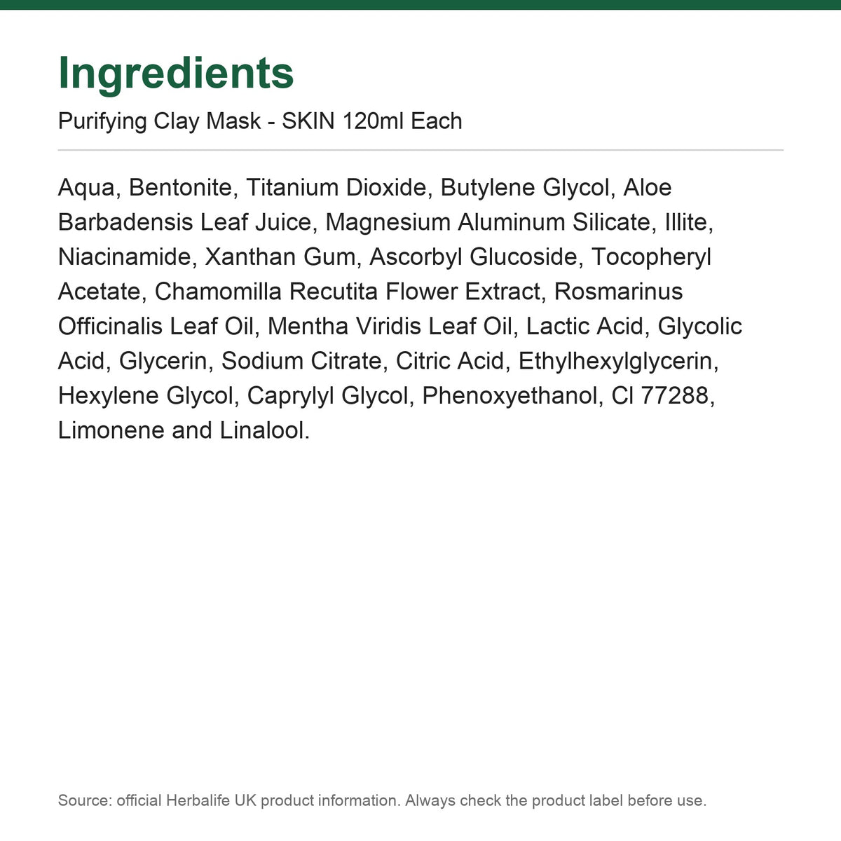 Ingredients - Purifying Clay Mask - SKIN 120ml Each