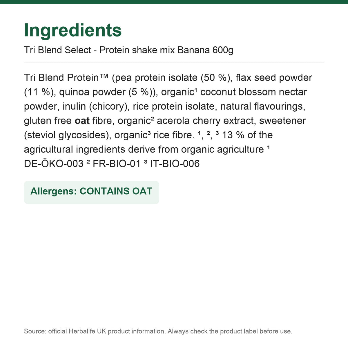 Ingredients - Tri Blend Select - Protein shake mix Banana 600g